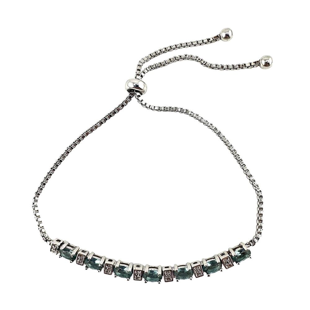 Real Diamond Chip Aqua Glass Silver Plated Bolo Drawstring Adjustable Bracelet